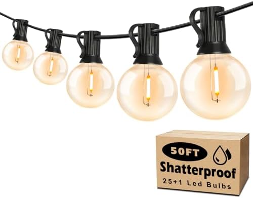 50FT Outdoor String Lights Waterproof, Bright 2700K LED Patio Lights String with 27 G40 Shatterproof Globe Bulbs, Connectable Edison String Lights for Outside, Garden, Balcony, Porch by Brightever