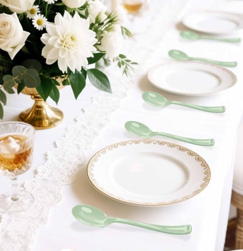 SietDESEO 25 PCS Sage Green Plastic Spoons Disposable Utensils Heavy Duty Sage Green Spoons Disposable Cutlery for Birthday Wedding Baby Shower Bridal Shower Plastic Silverware - Image 6