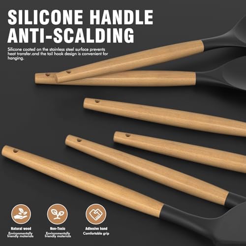 oannao Silicone Cooking Utensils Set Utensil Sets - 446°F Heat Resistant Silicone Kitchen Utensils Set Wooden Handles, Silicone Utensils for Cooking w Holder for Non-Stick Cookware BPA FREE (Black) - Image 2