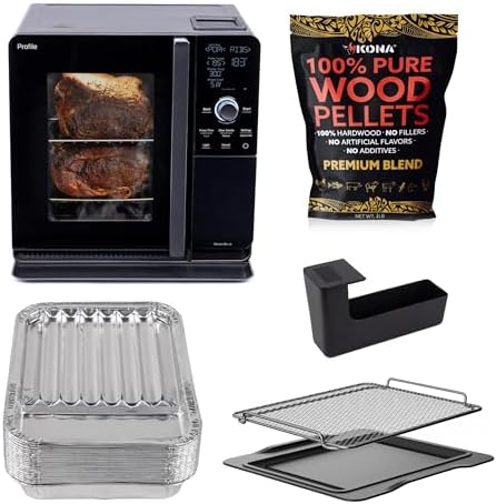 GE Profile™ Smart Indoor Pellet Smoker + Accessories Bundle, Includes Four 1lb Bag, Strainer, 20-pack of Drip Pan Liners, and Prep Tray, Stainless Steel, Carbon Black by Unknown