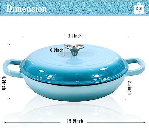 3.8 Quart Enameled Cast Iron Braiser Pan with Lid, Shallow Dutch Oven, Teal - Image 3