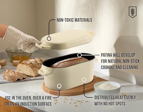 Kook Oval Dutch Oven, for Bread Baking, Sourdough Loaf Pan, Dual Handles, Enameled Cast Iron, with Sling, Dishwasher Safe, 3.4 Qt, Ivory - Image 3