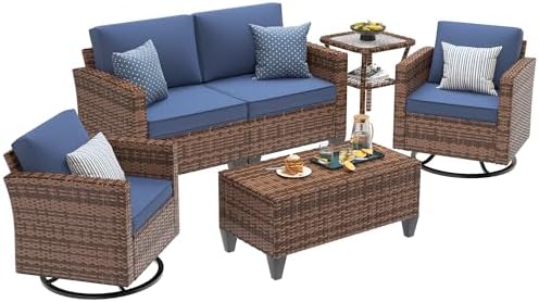 UDPATIO Patio Furniture Set, 5 Pieces Outdoor Conversation Sets with Rocking Swivel Chairs, Wicker Rattan Outdoor Sofa Set with Storage Table and Waterproof Covers for Backyard, Deck, Porch, Navy - Image 2