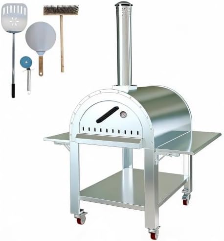 Wood-Fired Outdoor Pizza Oven 32 in – Stainless Steel 2-Layer Vertical Charcoal & Pellet Pizza Maker with 4 Wheels, Mobile Kiln-Style Pizza Grill, High Heat for Patio & Outdoor Kitchen Backyard by Unknown