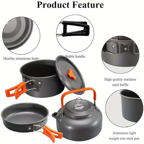 Portable Camping Cookware Set- Lightweight Aluminum Pot, Pan & Kettle with Foldable Handles for Backpacking, Hiking & Outdoor Cooking - Non-Stick, Space-Saving for 2-3 People - Image 3