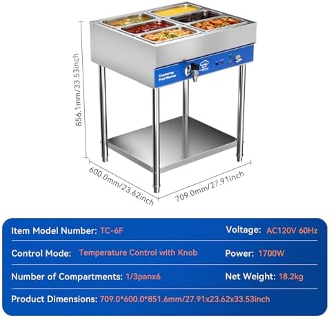 TOPKITCH ETL Listed 6-Pan Commercial Food Warmer, Electric Steam Table, 120V 1700W Stainless Steel Buffet Catering Food Warmer with Undershelf and Workspace, for Restaurant. - Image 2