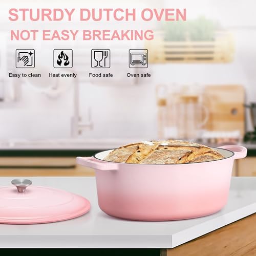 E-far 7QT Oval Dutch Oven Pot with Lid, Pink Enameled Cast Iron Dutch Oven - Image 7