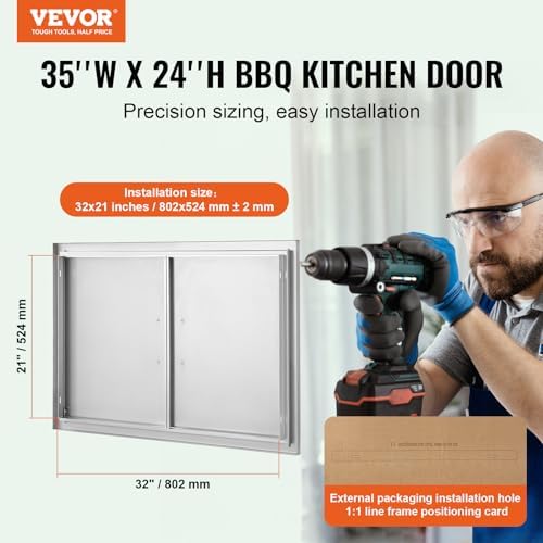 VEVOR BBQ Double Door, 35W x 24H Inch Stainless Steel Flush Mount Vertical Door with Handles, for Grilling Station - Image 2