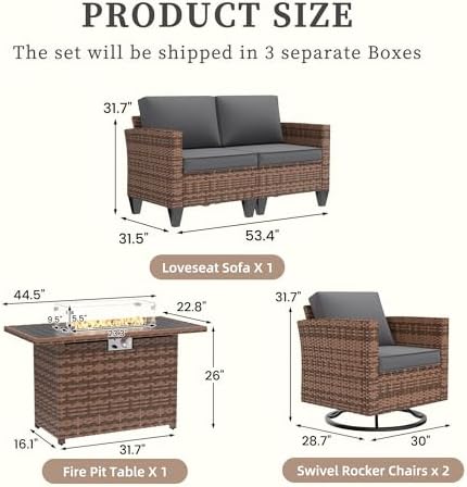UDPATIO 5 Pieces Patio Furniture Set with Fire Pit Table, Outdoor Furniture Set with Rocking Swivel Chairs, Wicker Patio Set with Waterproof Cover, 4'' Thickened Cushion, Grey - Image 3