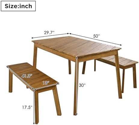 3-Pcs Outdoor Patio Dining Table & 2 Bench for 4, Wood Dining Table Set Outdoor & Indoor Furniture for Patio, Porch, Garden, Poolside, 3-Pcs, Wood - Image 2