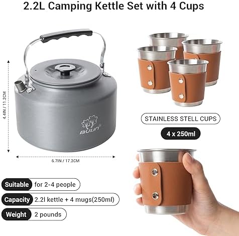 Bulin Camping Kettle, 2.2L Large Portable Camp Tea Coffee Pot With 4 Cups - Image 2