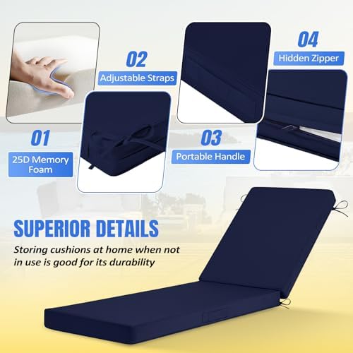 Basic Beyond Chaise Lounge Cushions Outdoor, 3-Layer Waterproof Outdoor Furniture Cushions with Removable Cover and 4 Ties, 72"x21"x3" Patio Lounge Chair Cushions for Outdoor Furniture, Navy - Image 3