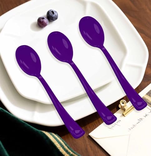SietDESEO 25 PCS Purple Plastic Spoons Disposable Utensils Heavy Duty Purple Spoons Disposable Cutlery for Birthday Wedding Baby Shower Bridal Shower Plastic Silverware - Image 2