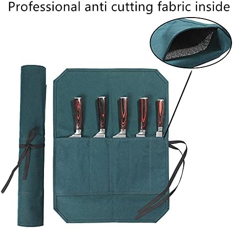Chef's Knife Roll Bag, Heavy Duty Waxed Canvas With Cut-Resistant Lining Knife Bag (5 Slots, DarkGreen) - Image 3
