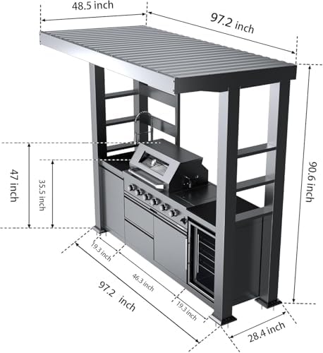 97 Inch Outdoor Kitchen Island with Shed, 72000 BTU 4-Burner Stainless Steel Propane Gas Grill, Wine Cooler Refrigerator, Galvanized Steel Roof, Black Granite Countertop, Silver - Image 5