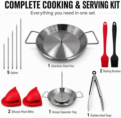 Al Pastor Skewer for Grill, 10 Inch Stainless Steel Vertical Skewer Pan with 5 Spikes, Grease Separator Tray, Tongs, Gloves & Basting Brushes, Shawarma Gyro Kebab Stand for Oven Smoker BBQ - Image 4