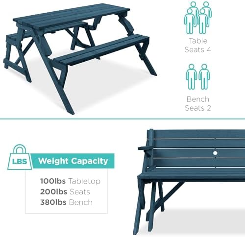 Best Choice Products 2-in-1 Transforming Interchangeable Outdoor Wooden Picnic Table Garden Bench for Backyard, Porch, Patio, Deck w/Umbrella Hole - Harbor Blue - Image 6