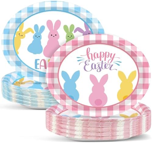 Qyeahkj 50 PCS Easter Bunny Oval Paper Plates Large 11” Disposable Spring Easter Rabbit Party Decorations Supplies Favor for Party Tableware Set by Qyeahkj