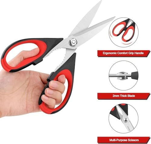 Kitchen Scissors All Purpose Heavy Duty, Kitchen Utensils Set, Stainless Steel Cooking Utensils Gadgets Meat Poultry Food Shears Dishwasher Safe Utility Tools Home (orange-red) - Image 3