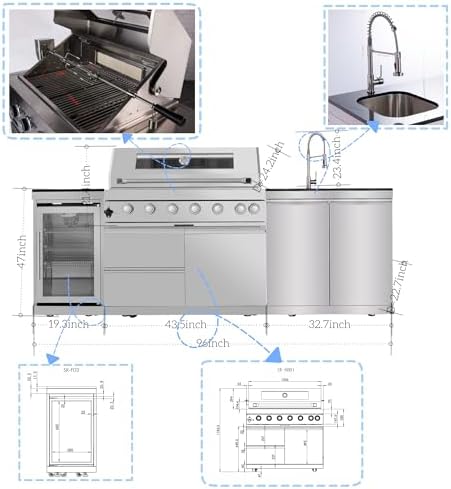 95'' 6-Burner 85000 BTU Deluxe Stainless Steel Natural Gas Outdoor Kitchen Island with Grill, Wine Cooler, Rotisserie Kit, Granite Countertops, Stainless Steel Sink, For Patio, Lawn, Backyard, Silver - Image 2