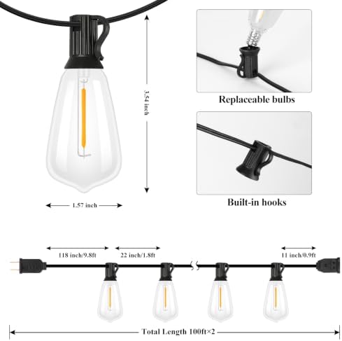 Brightever 200FT Outdoor String Lights 104 Bulbs, 2200K Amber Lights - Image 3
