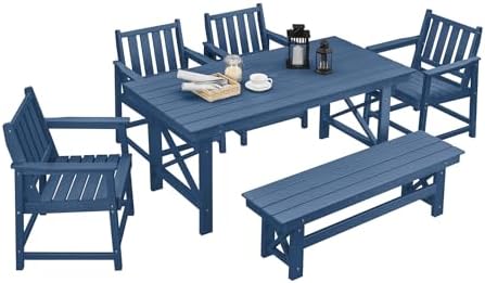 HDPE Outdoor Dining Set of 6, Patio Dining Table Set with 4 Chairs and 1 Bench, 6 Pieces HDPE Dining Set with Umbrella Hole, Outdoor Furniture Sets for Deck, Poolside, Garden, Navy by SeeHill