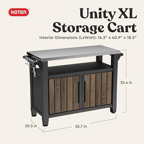 Keter Unity XL Outdoor Entertainment Cart with Wood‑Look Finish, 78‑Gallon Patio Storage Cabinet, Food Prep Station, Stainless‑Steel Top for BBQ, Grill, Patio, Deck & Backyard, Walnut - Image 2