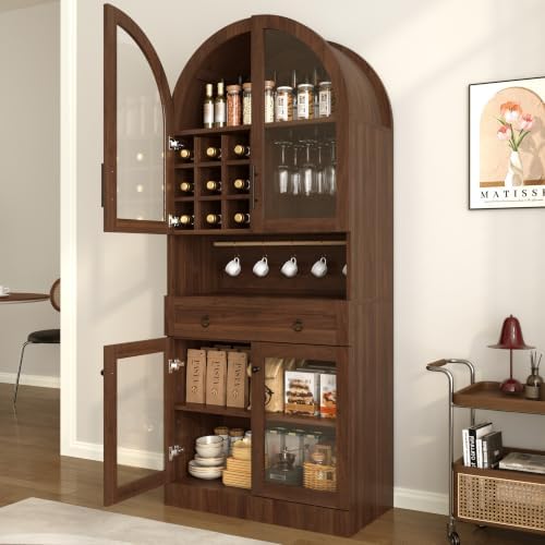 70"Tall Arched Glass Wine Cabinet with Adjustable Shelf & Wine Rack, Walnut - Image 5
