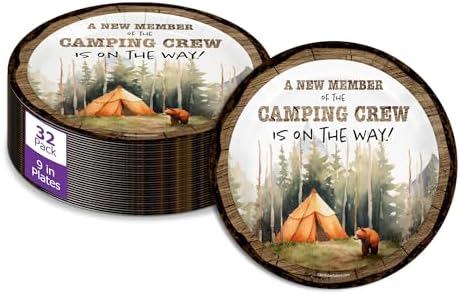 Birthday Galore New Member of Camping Crew Baby Shower - 32 Piece Disposable Party Supplies - Camping Baby Shower Decorations - Round Party Plates - Large 9" Paper Plates In Bulk by BirthdayGalore