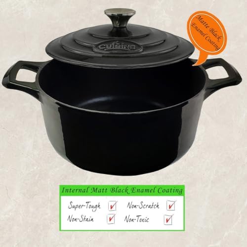 La Cuisine Enameled Cast Iron Dutch Oven Casserole Pot with Lid, Internal Matte Black Enamel Coating 5 QT 10.5" / 26cm Ø For GalssTop Stove, Oven-Safe 550°F/276°C Glossy Black - Image 3
