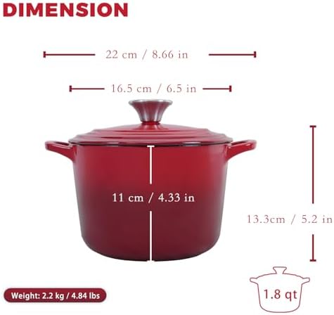 Flavehc Dutch Oven Pot with Lid 1.8 Qt Cast Iron Dutch Oven for Bread Baking, Red Enameled Cast Iron Rice Pot, Small Deep Dutch Oven for Rice, Beans & Side Dishes - Image 4