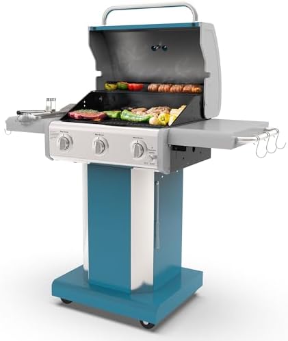 Kenmore 3-Burner Propane BBQ Grill, 30,000 BTUs Gas Grill with Cast Iron Cooking Grates, Folding Side Tables & Wheels, Outdoor Grill with Tool Hooks, Teal - Image 4