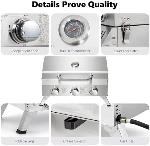 Bonnlo 3 Burner Portable Gas Grill, 30,000 BTU Tabletop Camping Grill with Ignition & Lockable Lid, Stainless Steel Propane Grill with Foldable Legs & Thermometer for Outdoor Patio BBQ RV Use - Image 3