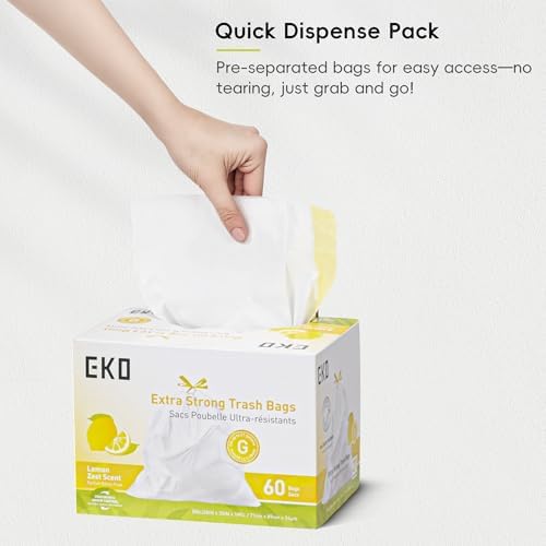 EKO 21 Gallon / 50-90 Liter, 60 Count Drawstring Trash Bags, Extra-Strong Garbage Bags, Lemon Zest Scent with Continuous Odor Control, Easy-Dispense Roll for Kitchen and Household Use, Code G, White - Image 7