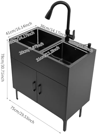 Double Basin Kitchen Sink with Cabinet, 29.53‘’ x 16.14" x 30.71" Double Blow Sink with Pull Down Faucet & Soap Dispenser, Freestanding Commercial Utility Sink for Kitchen Laundry Garage - Image 3