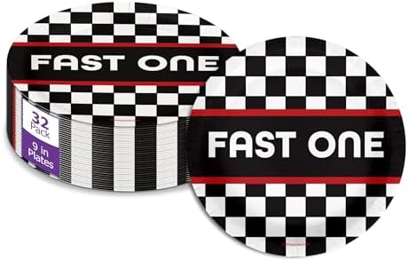 Fast One Racing First Birthday - 32 Piece Disposable Party Supplies - Decorations for Race Car Boy's 1st Birthday Round Party Plates - Large 9" Paper Plates In Bulk by BirthdayGalore