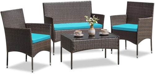 Greesum 4 Pieces Patio Furniture Conversation Sets,Brown and Blue by BuynowfromGreesum