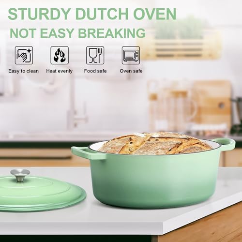 E-far 7QT Oval Dutch Oven Pot with Lid, Green Enameled Cast Iron Dutch Oven - Image 6