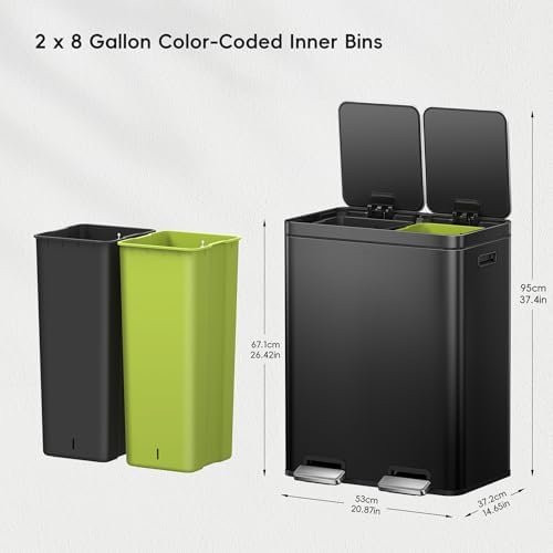 EKO Edison 8+8 Gallon Dual Trash Can for Recycling and Trash, Stainless Steel Kitchen Step Can with Dual Removable Inner Bucket, Independent Lids and Pedals, Black - Image 2