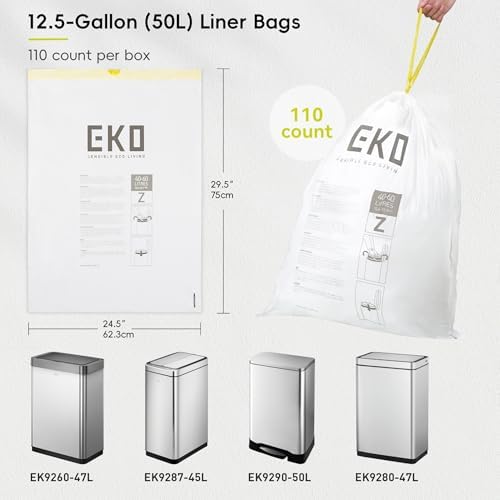 EKO 12.5 Gallon / 40-60 Liter, 110 Count Drawstring Trash Bags, Extra-Strong Garbage Bags, Unscented, Leak-Resistant, Easy-Dispense Roll for Kitchen & Household Use, Code Z, White - Image 7