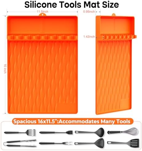 2-Pack Silicone Griddle Mat for Blackstone – Heat-Resistant Utensil Holder with Drip Tray, Non-Slip BBQ Tool Organizer for Grill, Kitchen Countertop & Outdoor Cooking Accessories(Orange) - Image 2