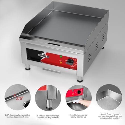 CROSSON ETL Listed 16"*16" Commercial Electric Countertop Griddle,Flat Top Griddles with Non-Stick 2/5" Thick Iron Cooking Plate for Restaurant and home use-120V/1750W,Spatula Included - Image 3
