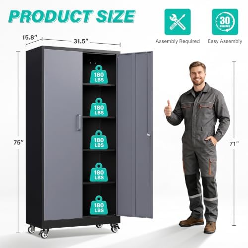 SISESOL 75" Tall Black Gray Metal Storage Cabinet with Wheels and Shelves - Image 3