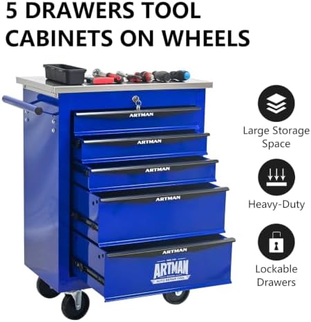 5-Drawer Heavy-Duty Rolling Tool Chest with Wheels & Steel Roof, Lockable Tool Chest Storage Cabinet for Garage, Workshop, Warehouse, and Repair Shop - Image 6