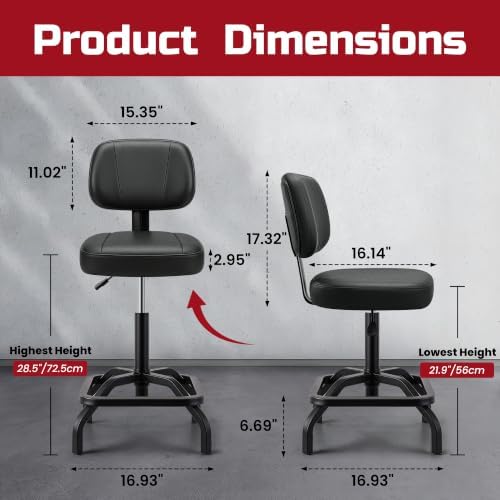 Shop Stool, Garage Stool with Backrest, Mechanic Chair for Workshop, Black - Image 2