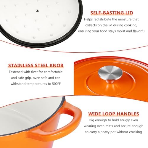 E-far 3 Qt Enameled Cast Iron Dutch Oven with Lid, Small Round Nonstick Dutch Oven Pot for Bread Baking Braising Stews Roasting Cooking, Heavy Duty, Induction & Oven Safe - Orange - Image 7