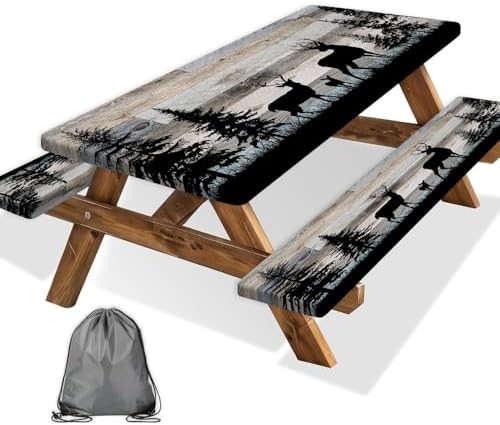 Forest Deer Picnic Table Cover with Bench Covers and Bag, Camping Essentials, Waterproof Windproof, Fitted Tablecloth Cover with Elastic Edge, for Indoor & Outdoor, Garden, 3 PCS, 30x96 Inch by Xguatan