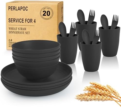 Wheat Straw Dinnerware Sets, Unbreakable Kids Plates and Bowls Sets 20-Piece Service for 4, Alternative Plastic Outdoor Camping Dishes, Microwave & Dishwasher Safe - Black by Perlapoc