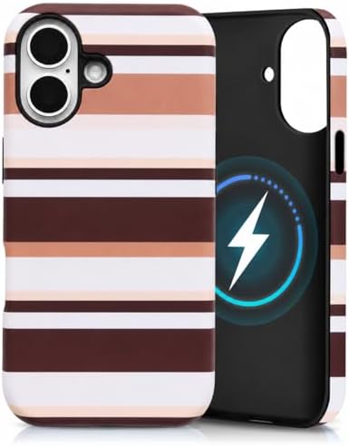 for iPhone 17 Case, Magnetic Matte Frosted Dual-Layer Striped Phone Case for Women, Retro Aesthetic Cover Compatible with Mag Safe Accessories - Cocoa Stripe by YKCZL
