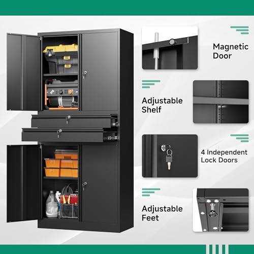 Letaya Metal Garage Storage Cabinet,71" Heavy Duty Steel Tool Cabinet with 4 Door Lock-Adjustable Shelves and 2 Drawer for Garage Home Office Utility Room (Black) - Image 5
